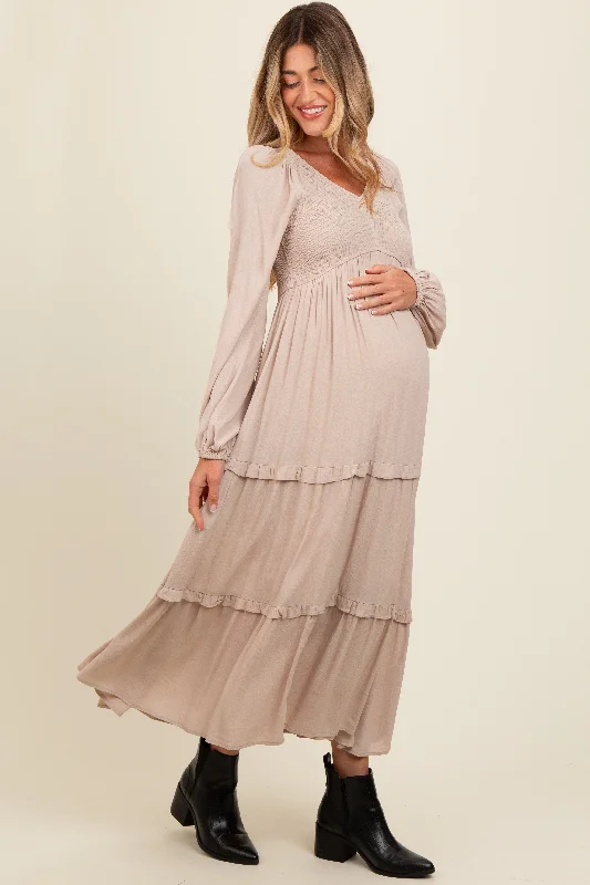 Beige Smocked V-Neck Ruffle Tiered Maternity Maxi Dress Comfortable maxi dresses for everyday wear