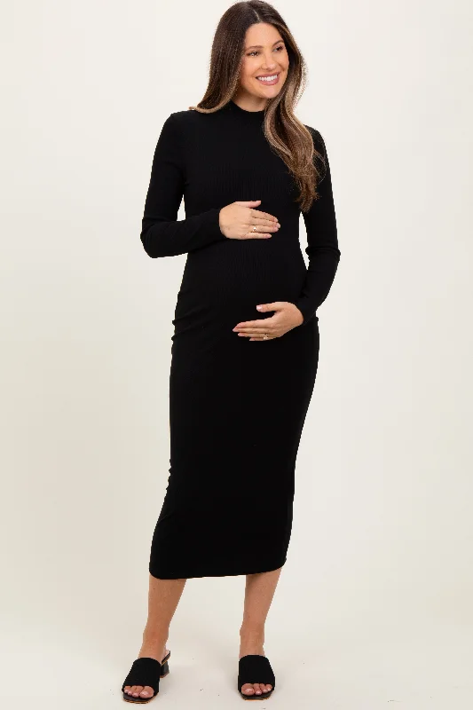 Black Basic Mock Long Sleeve Maternity Maxi Dress Smocked maxi dresses