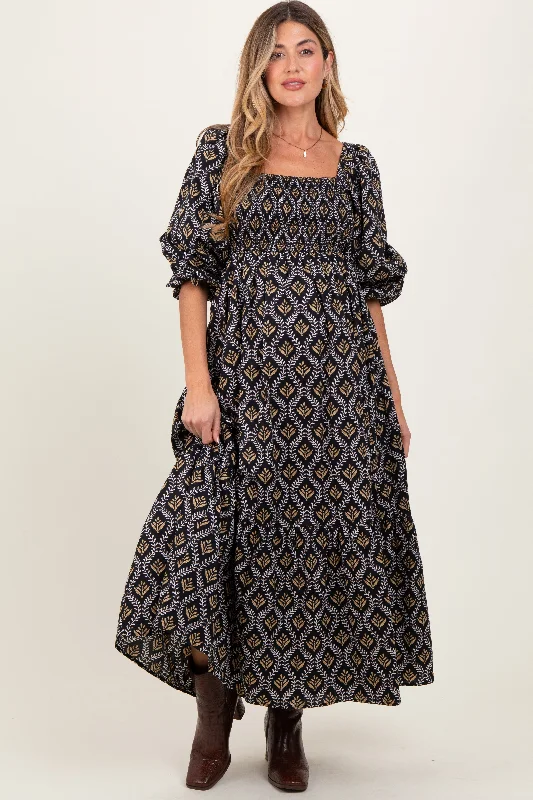 Black Damask Print Smocked Maternity Maxi Dress Best value maxi dresses