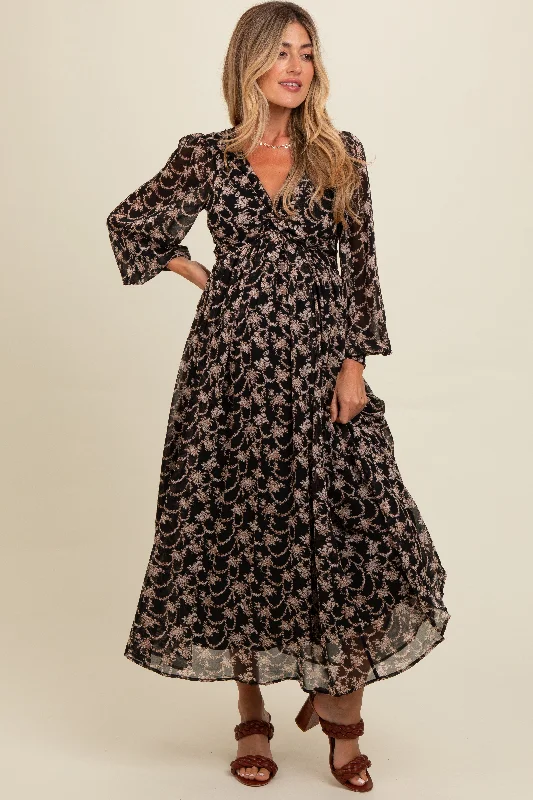 Black Floral Chiffon Twist Wrap Maternity Maxi Best maxi dresses for elegant looks