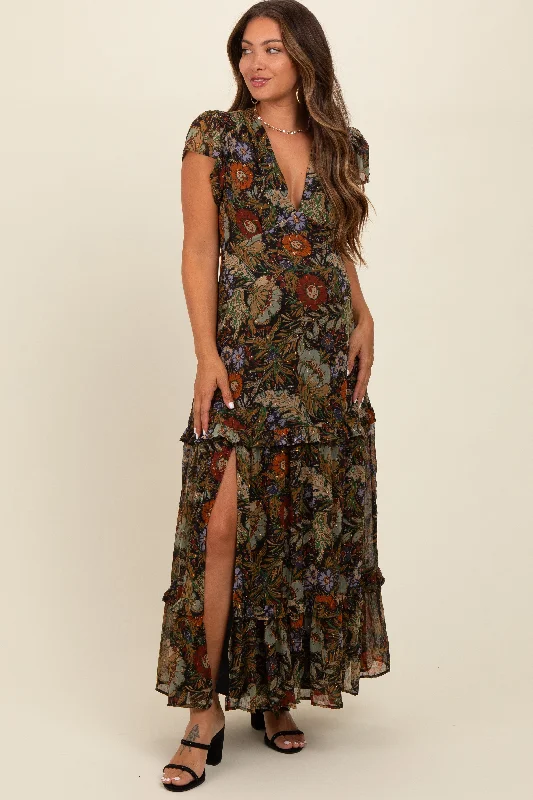 Black Floral Deep V-Neck Tiered Maternity Maxi Dress Flattering maxi dresses for all body types