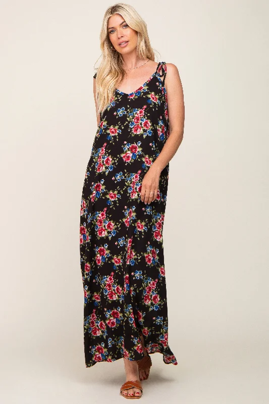 Black Floral Shoulder Tie Maxi Dress Cocktail maxi dresses