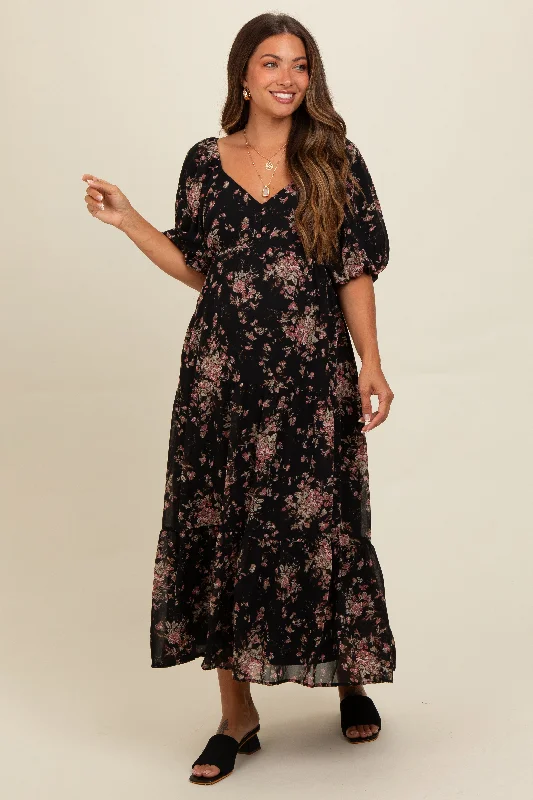 Black Floral Tiered Puff Sleeve Maternity Maxi Dress Graduation maxi dresses