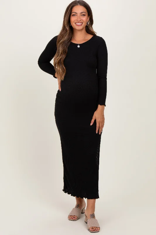 Black Knit Side Slit Lettuce Trim Maternity Maxi Dress Budget-friendly maxi dresses