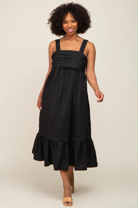 Black Pleated Back Tie Midi Dress Anniversary midi dresses