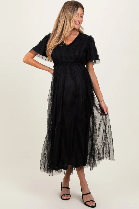 Black Ruffle Accent Mesh Overlay Maternity Maxi Dress Lightweight maxi dresses for hot weather