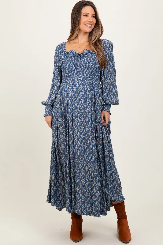 Blue Damask Print Smocked Ruffle Accent Maternity Maxi Dress Flowy maxi dresses