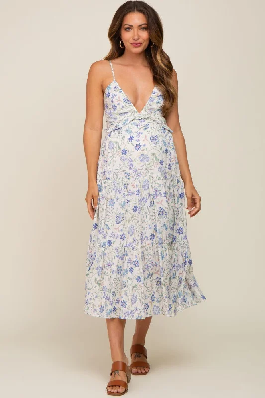 Blue Floral Tiered Maternity Midi Dress Vacation midi dresses