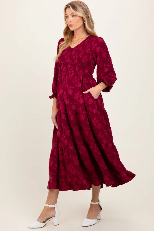 Burgundy Floral Smocked V-Neck Maternity Maxi Dress Best maxi dresses for date night