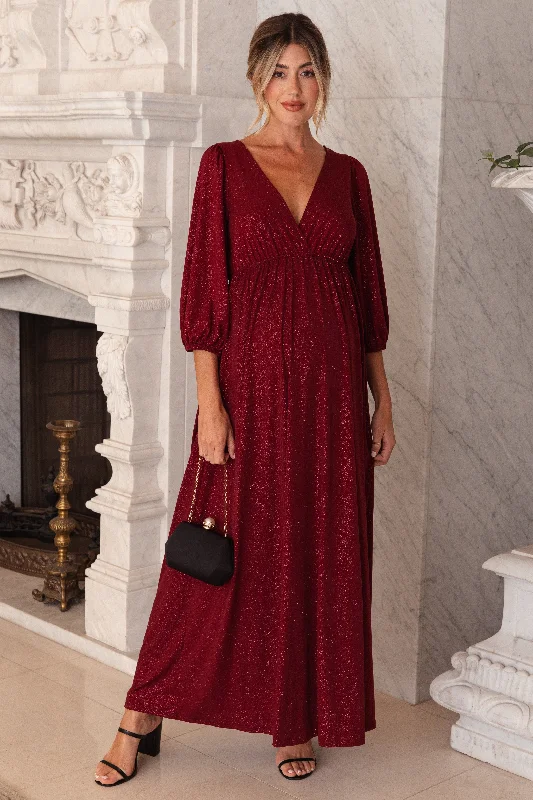 Burgundy Glitter V-Neck Maternity Maxi Dress High-end maxi dresses