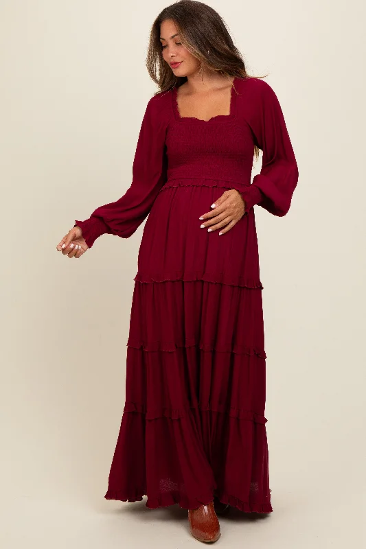 Burgundy Smocked Long Sleeve Ruffle Tiered Maternity Maxi Dress Versatile maxi dresses for all occasions