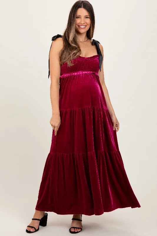 Burgundy Velvet Smocked Satin Shoulder Tie Maternity Maxi Dress Tiered maxi dresses