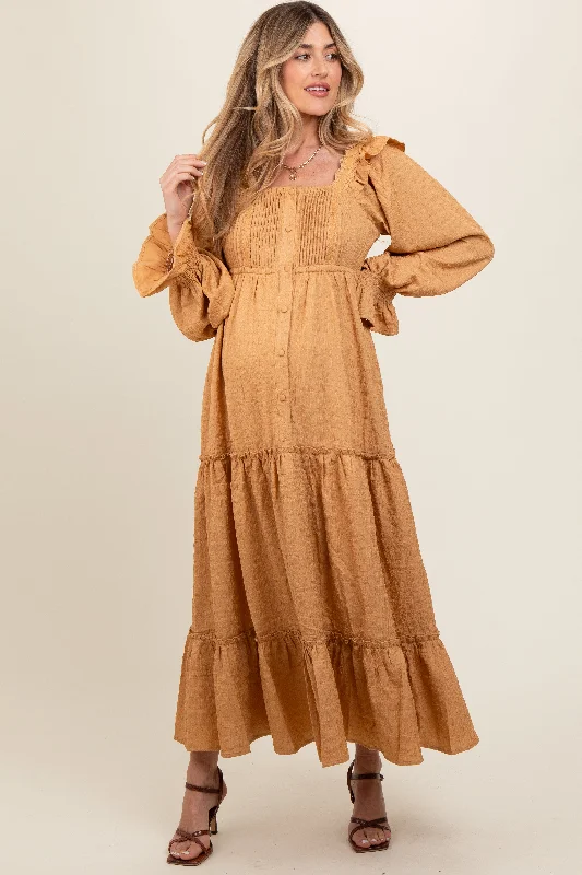 Camel Button Pleated Front Square Neck Ruffle Tiered Maternity Maxi Dress Off-shoulder maxi dresses