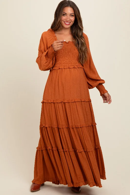 Camel Smocked Long Sleeve Ruffle Tiered Maternity Maxi Dress Sexy little black maxi dresses