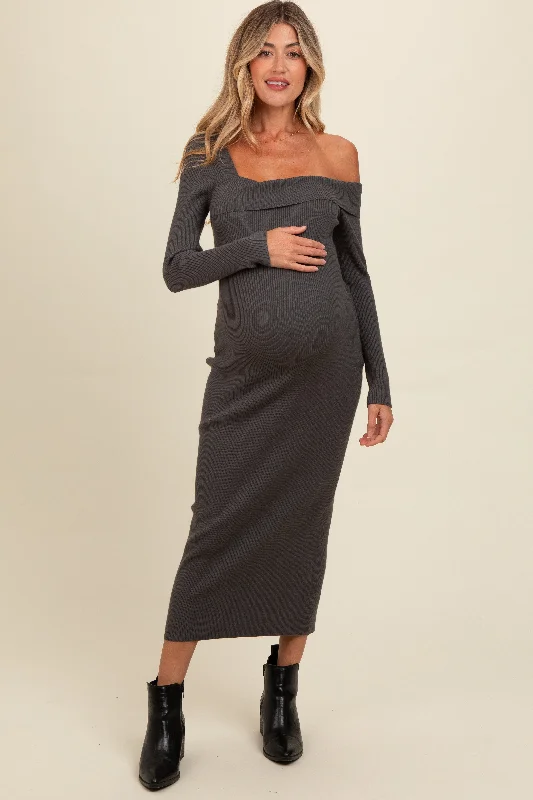 Charcoal Foldover One Shoulder Maternity Maxi Sweater Dress Must-have maxi dresses for this season