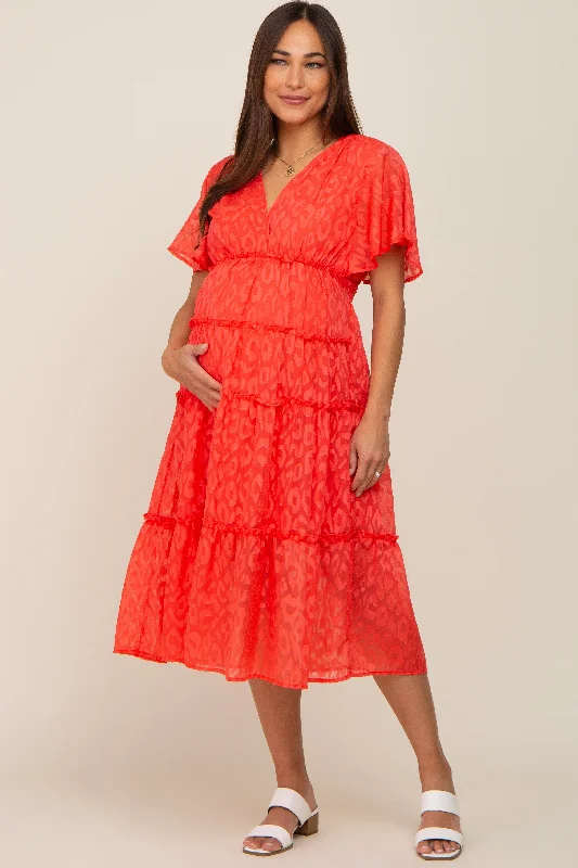 Coral Chiffon Animal Print Tiered Maternity Midi Dress Party midi dresses