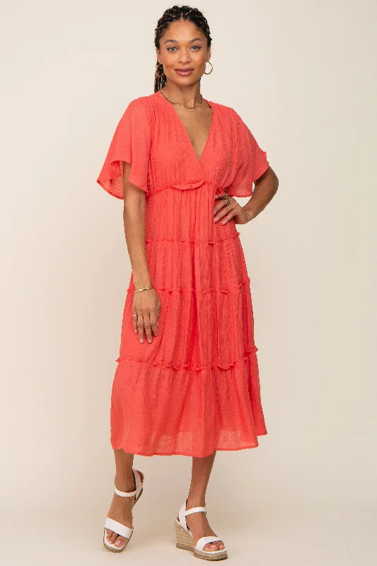 Coral Ruffle Tiered V-Neck Midi Dress Street style midi dresses