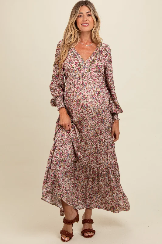 Cream Floral V-Neck Bubble Sleeve Maternity Maxi Dress Cute floral print maxi dresses