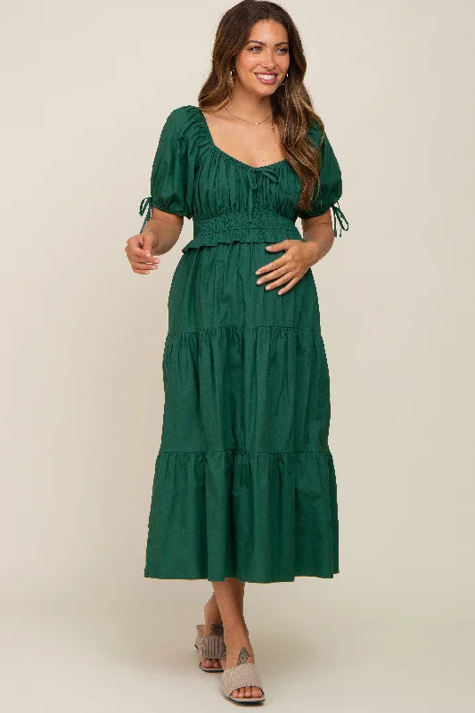 Forest Green Shirred Front Tie Short Sleeve Tiered Maternity Midi Dres Glamorous midi dresses