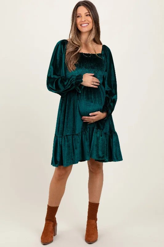 Forest Green Velvet Smocked Long Sleeve Maternity Dress Forever 21 maxi dresses