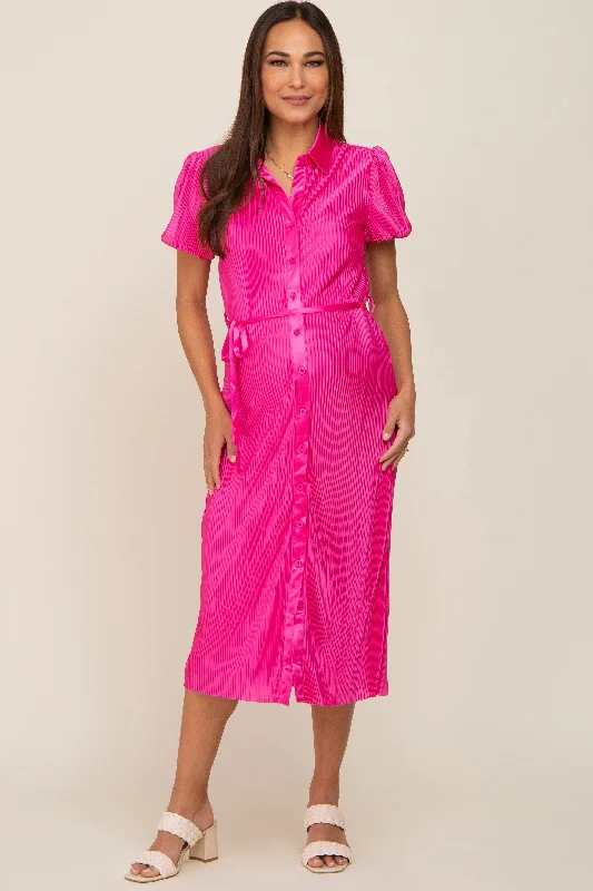 Fuchsia Pleated Button-Down Collared Maternity Midi Dress Designer midi dresses