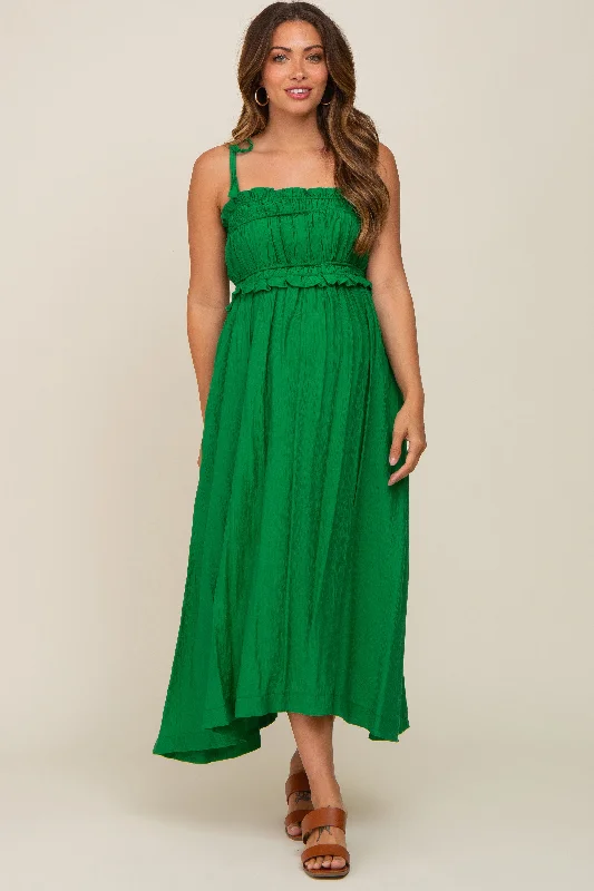 Green Shirred Shoulder Tie Maternity Midi Dress Shein midi dresses