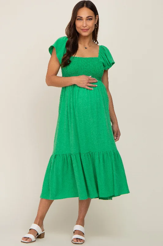 Green Smocked Ruffle Hem Maternity Midi Dress Boohoo midi dresses