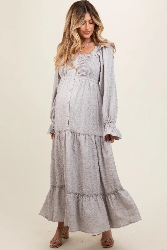 Grey Button Pleated Front Square Neck Ruffle Tiered Maternity Maxi Dress Wedding guest maxi dresses