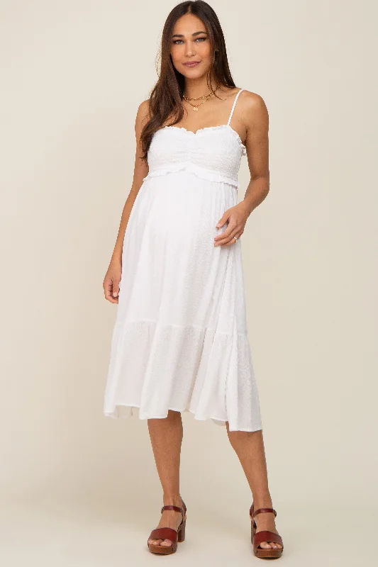 Ivory Smocked Ruffle Accent Maternity Midi Dress Best midi dresses for casual wear