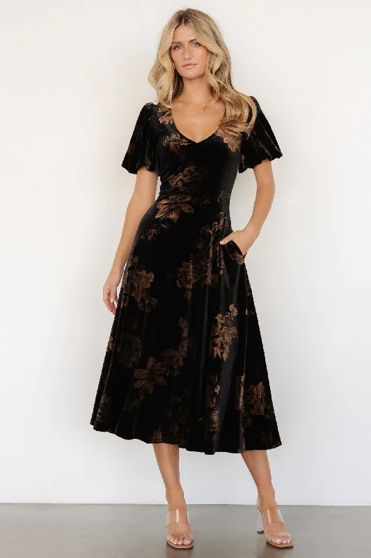 Janna Velvet Midi Dress | Black + Bronze Floral Cotton midi dresses