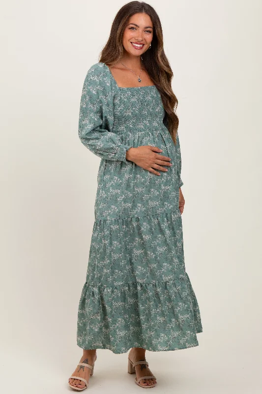 Light Olive Floral Smocked Square Neck Maternity Maxi Dress Designer maxi dresses