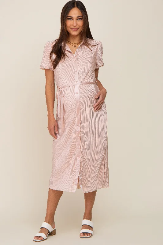 Light Pink Pleated Button-Down Collared Maternity Midi Dress Women's midi dresses