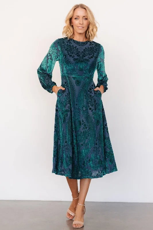 Lorielle Velvet Midi Dress | Emerald Print Lightweight midi dresses for hot weather