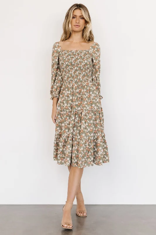 Marta Smocked Midi Dress | Dusty Olive Floral Date night midi dresses