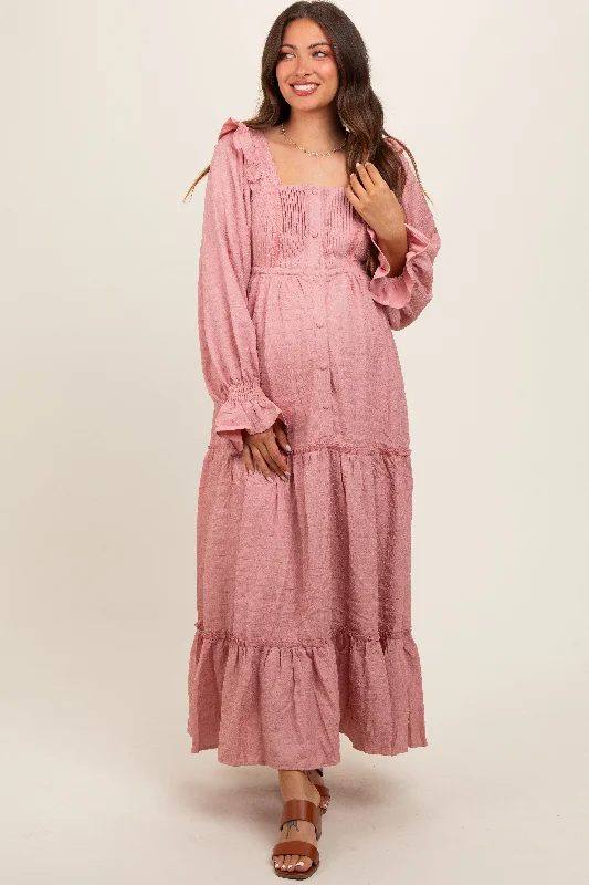 Mauve Button Pleated Front Square Neck Ruffle Tiered Maternity Maxi Dress Silk maxi dresses