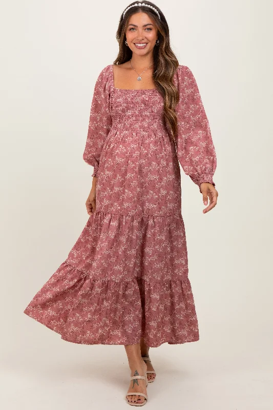 Mauve Floral Smocked Square Neck Maternity Maxi Dress New Year's Eve maxi dresses