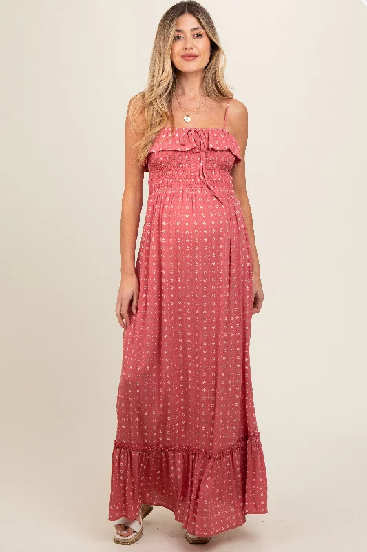 Mauve Smocked Sleeveless Floral Maternity Maxi Dress Festival maxi dresses