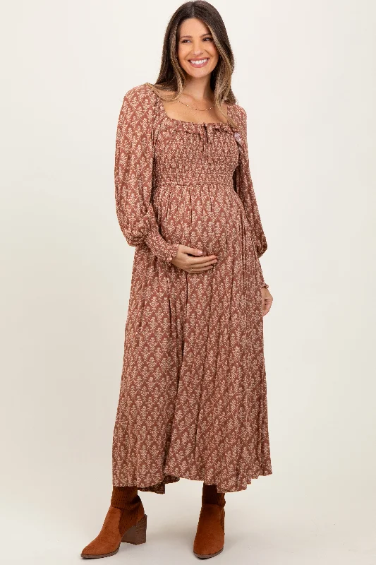 Mocha Damask Print Smocked Ruffle Accent Maternity Maxi Dress ASOS maxi dresses