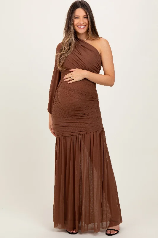 Mocha Ruched Mesh One Shoulder Asymmetric Maternity Maxi Dress Spring maxi dresses