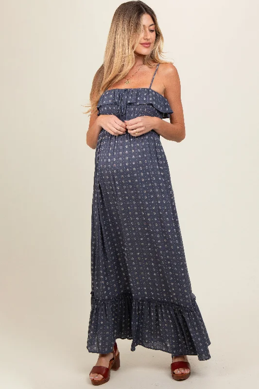 Navy Smocked Sleeveless Floral Maternity Maxi Dress Chiffon maxi dresses