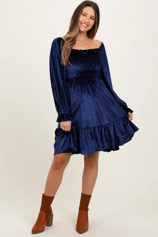 Navy Velvet Smocked Long Sleeve Maternity Dress Zara maxi dresses