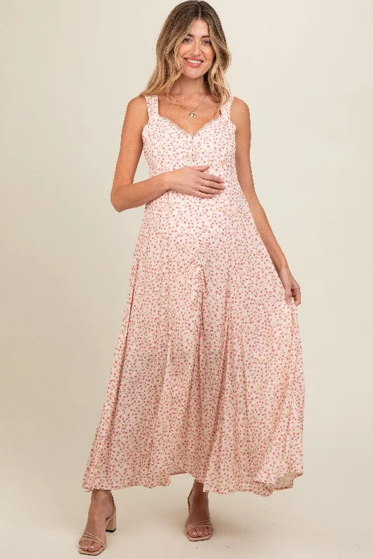 Peach Floral Button Down Maternity Maxi Dress Elegant maxi dresses