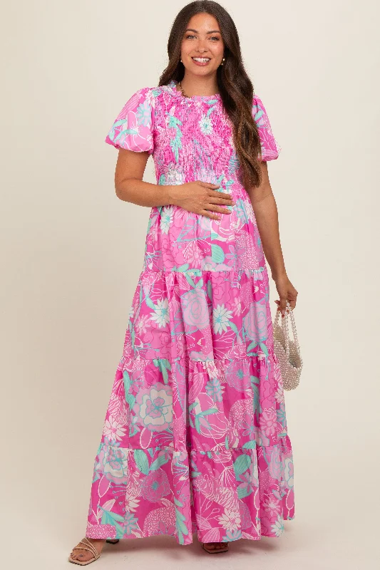 Pink Floral Smocked Short Puff Sleeve Tiered Maternity Maxi Dress Lace maxi dresses