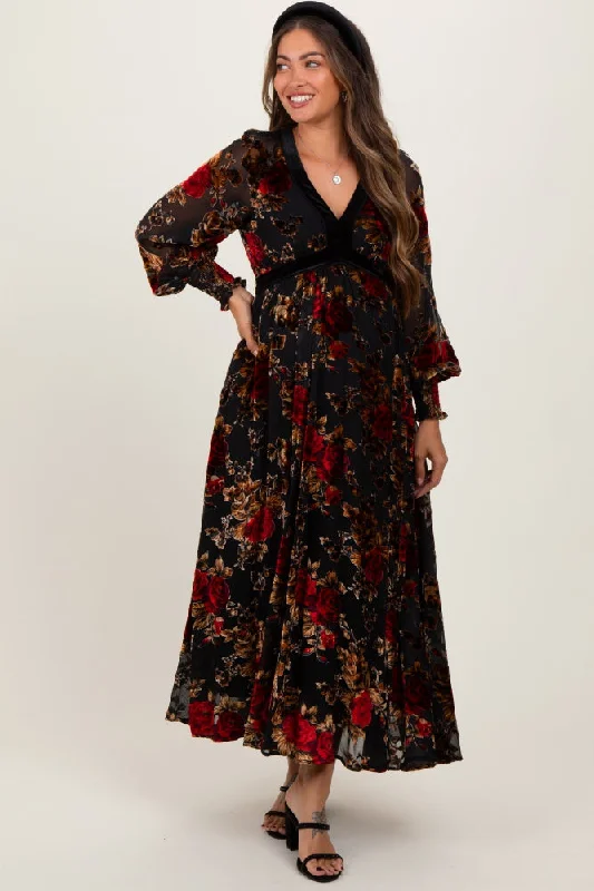 Red Rose Print Velvet Mesh Overlay Maternity Maxi Dress Discounted maxi dresses