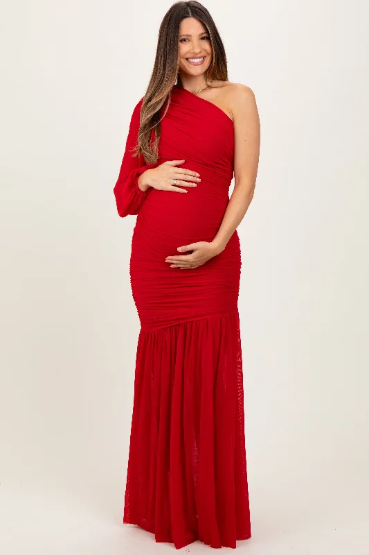 Red Ruched Mesh One Shoulder Asymmetric Maternity Maxi Dress Boohoo maxi dresses