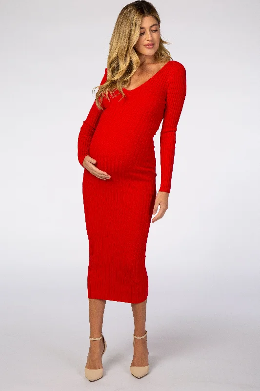 Red V-Neck Long Sleeve Fitted Maternity Maxi Dress Best maxi dresses for formal events