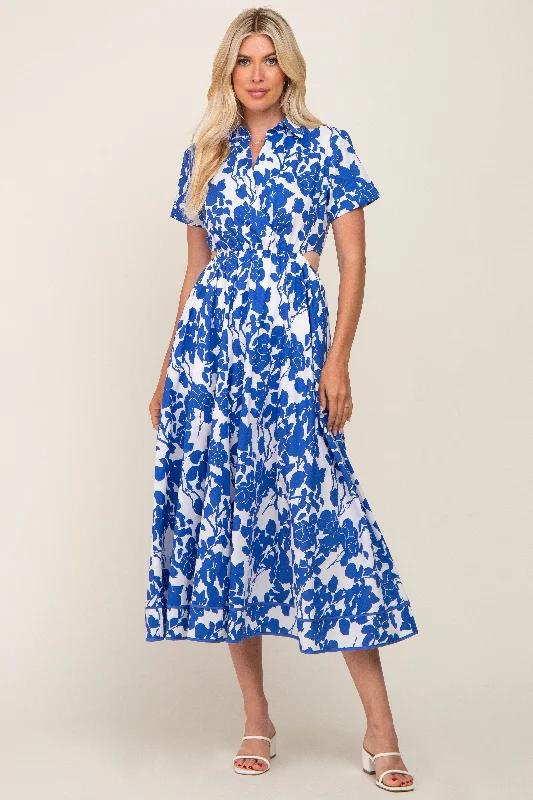 Royal Blue Floral Collared Short Sleeve Side Cutout Midi Dress Flattering midi dresses for all body types