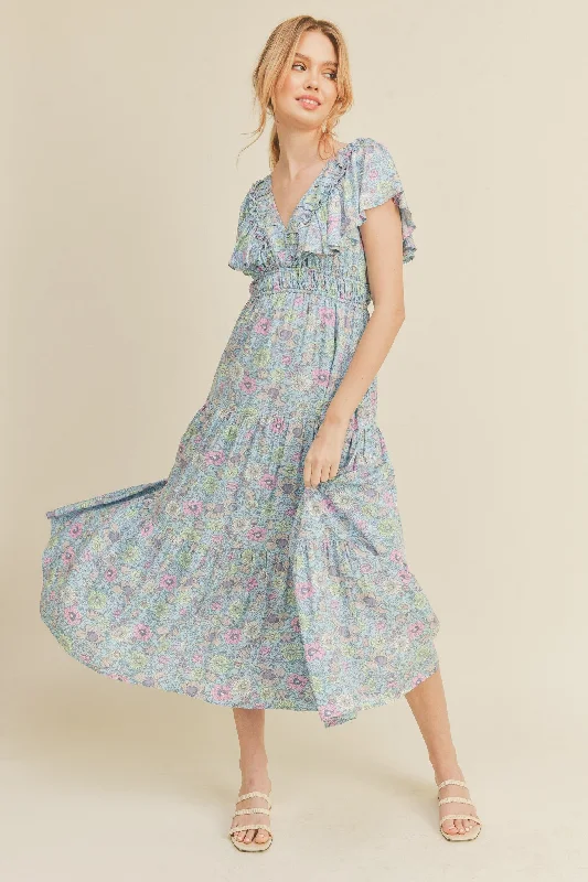 Sky Blue Floral Tiered Floral Midi Dress Flowy midi dresses