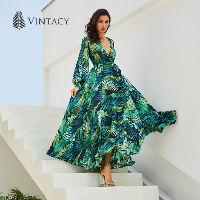 Vintacy Long Sleeve Dress Green Tropical Beach Vintage Maxi Long sleeve maxi dresses