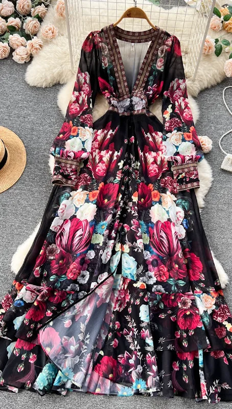 Bohemian Dress, Flower Chiffon Ruffles Dress, Deep V Neck Long Sleeve Floral Print Boho Dress Luxury floral dresses